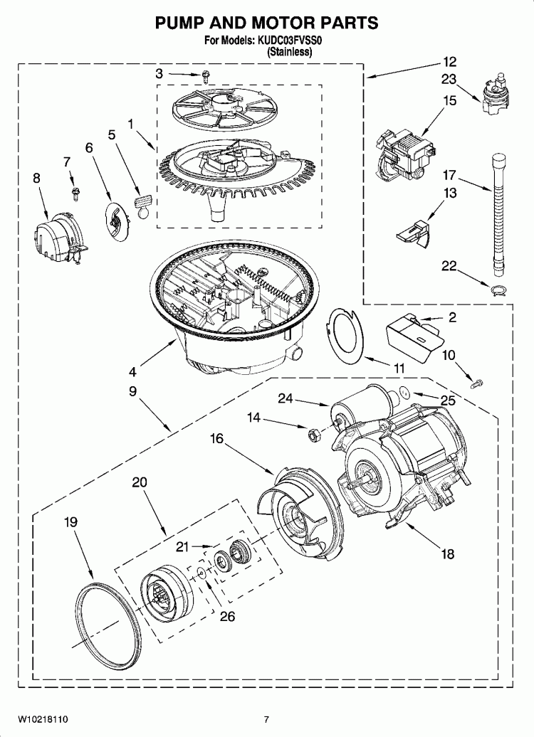 PUMP AND MOTOR PARTS Diagram and Parts List for KUDC03FVSS0  KitchenAid Dishwasher