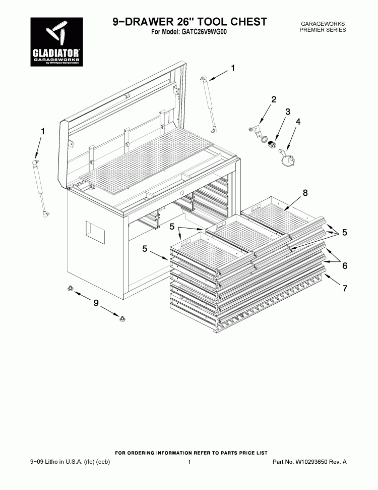 9-DRAWER 26`` TOOL CHEST Diagram and Parts List for GATC26V9WG00  Whirlpool Cabinet