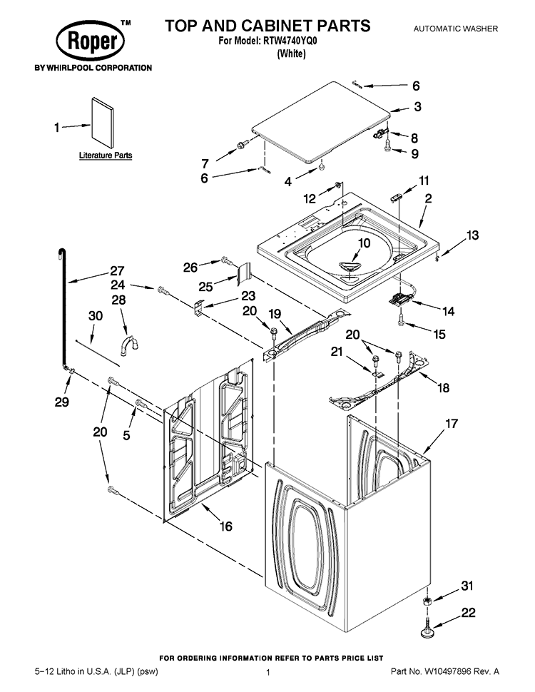 TOP AND CABINET PARTS Diagram and Parts List for RTW4740YQ0  Roper Washer