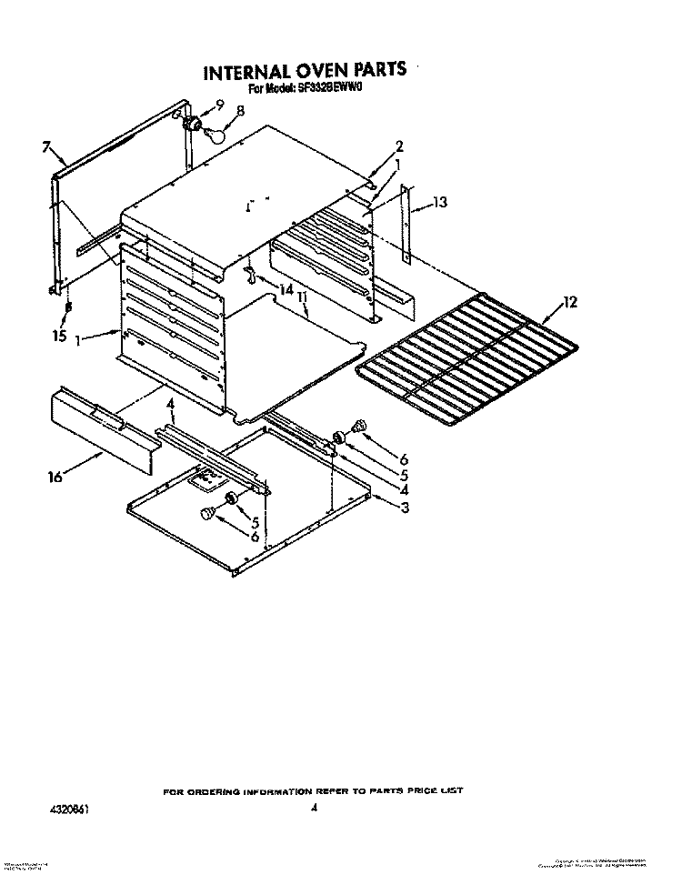 INTERNAL OVEN Diagram and Parts List for SF332BEWN0  Whirlpool Range