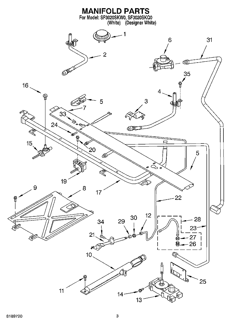 MANIFOLD Diagram and Parts List for SF3020SKW0  Whirlpool Range