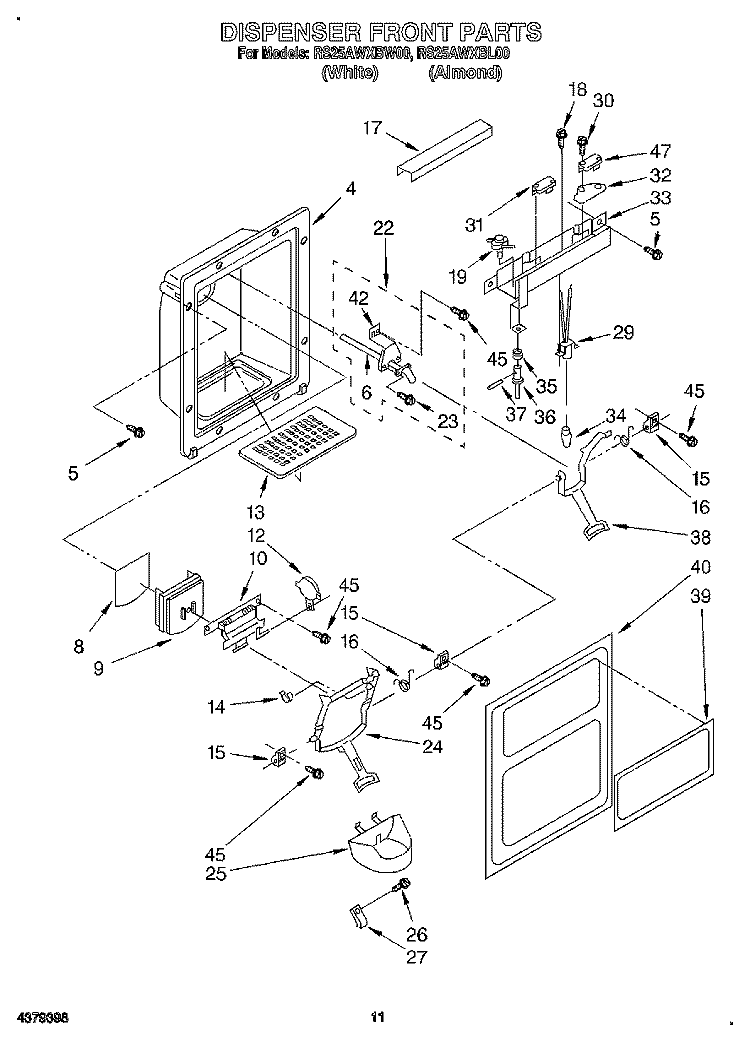 DISPENSER FRONT Diagram and Parts List for RS25AWXBW00  Roper Refrigerator
