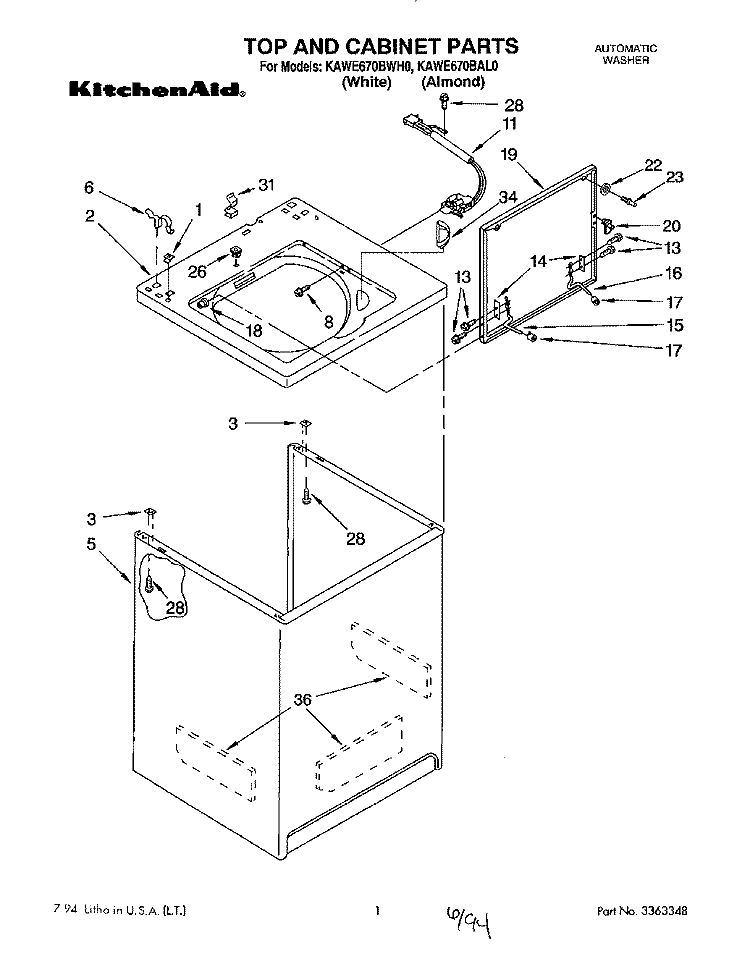TOP AND CABINET, LIT/OPTIONAL Diagram and Parts List for KAWE670BWH0  KitchenAid Washer