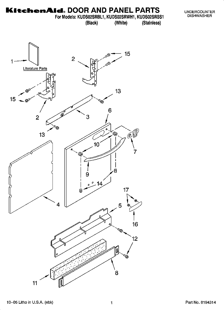 DOOR AND PANEL PARTS Diagram and Parts List for KUDS02SRBL1  KitchenAid Dishwasher