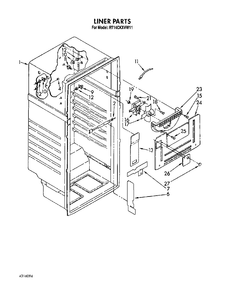 LINER Diagram and Parts List for RT14CKXVW11  Roper Refrigerator