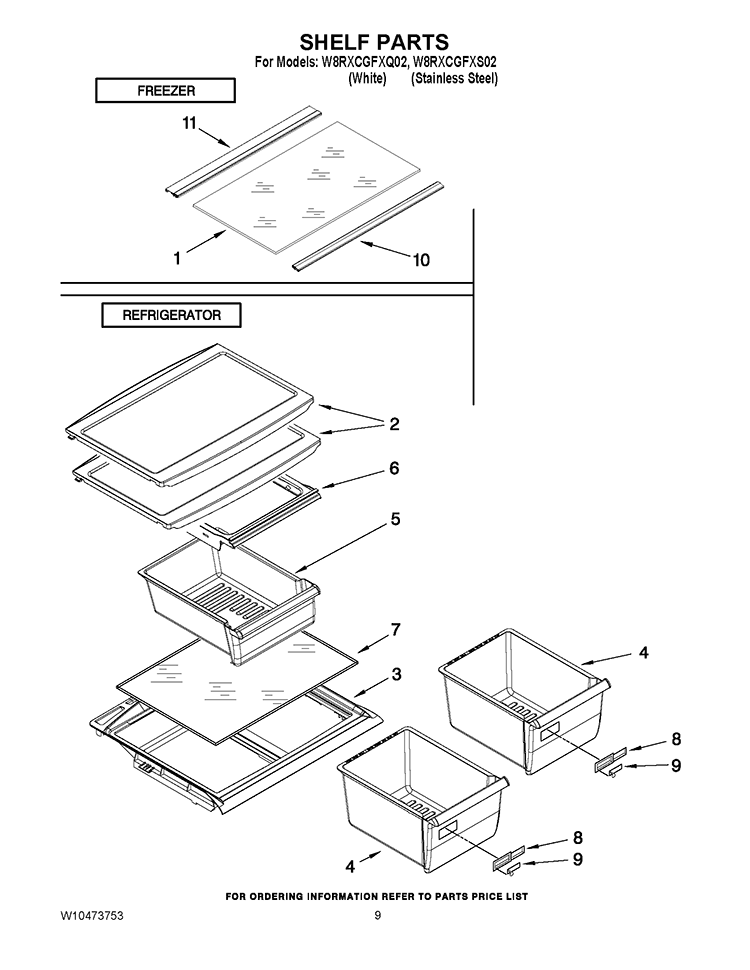 SHELF PARTS Diagram and Parts List for W8RXCGFXS02  Whirlpool Refrigerator