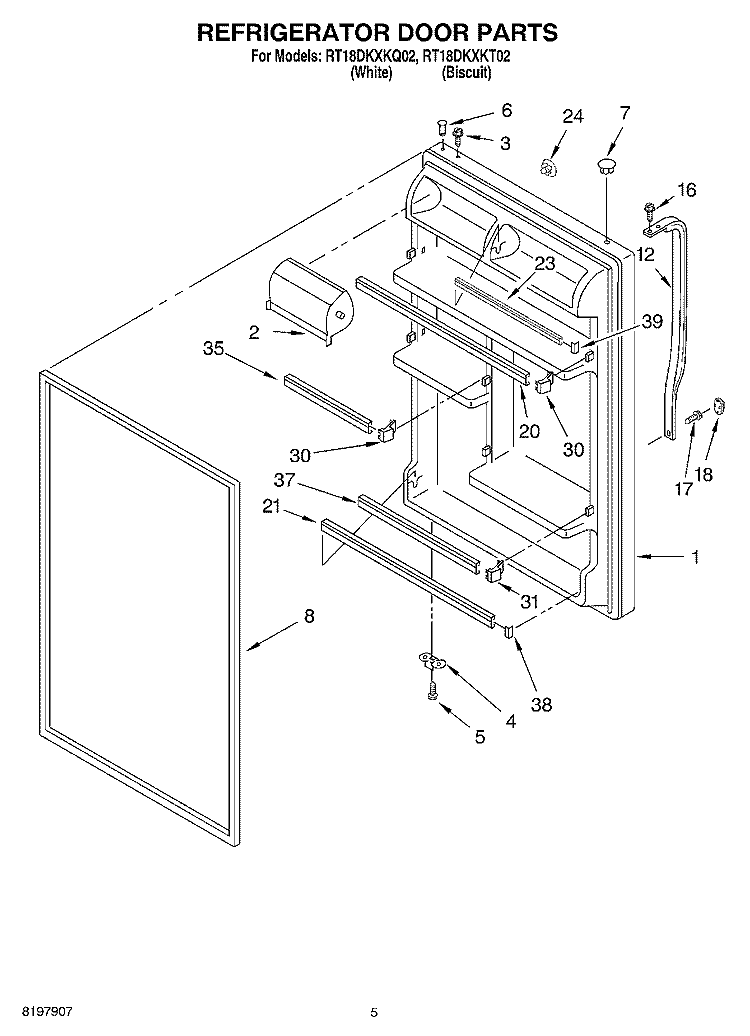 REFRIGERATOR DOOR Diagram and Parts List for RT18DKXKT02  Roper Refrigerator