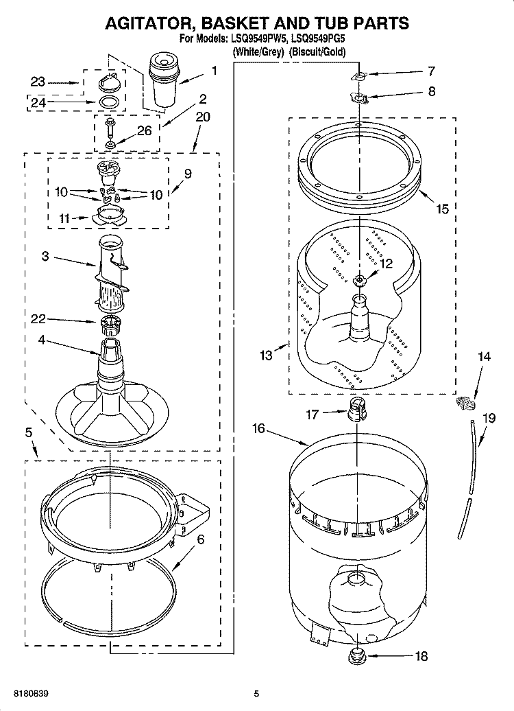 AGITATOR, BASKET AND TUB PARTS Diagram and Parts List for LSQ9549PG5  Whirlpool Washer