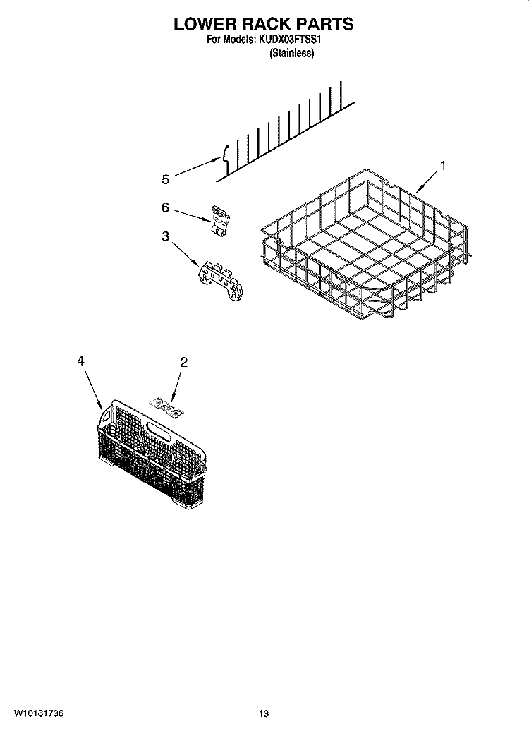 LOWER RACK PARTS, OPTIONAL PARTS (NOT INCLUDED) Diagram and Parts List for KUDX03FTSS1  KitchenAid Dishwasher