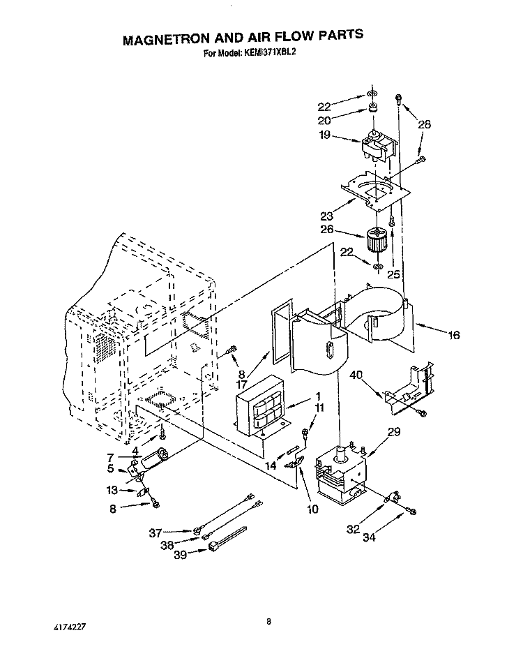 MAGNETRON AND AIR FLOW Diagram and Parts List for KEMI371XBL2  KitchenAid Microwave Oven Combo