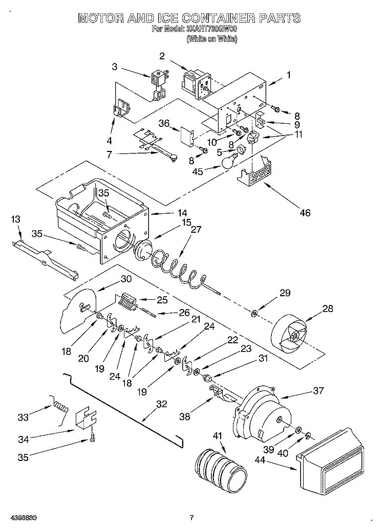 MOTOR AND ICE CONTAINER Diagram and Parts List for 3XART730GW00  Whirlpool Refrigerator
