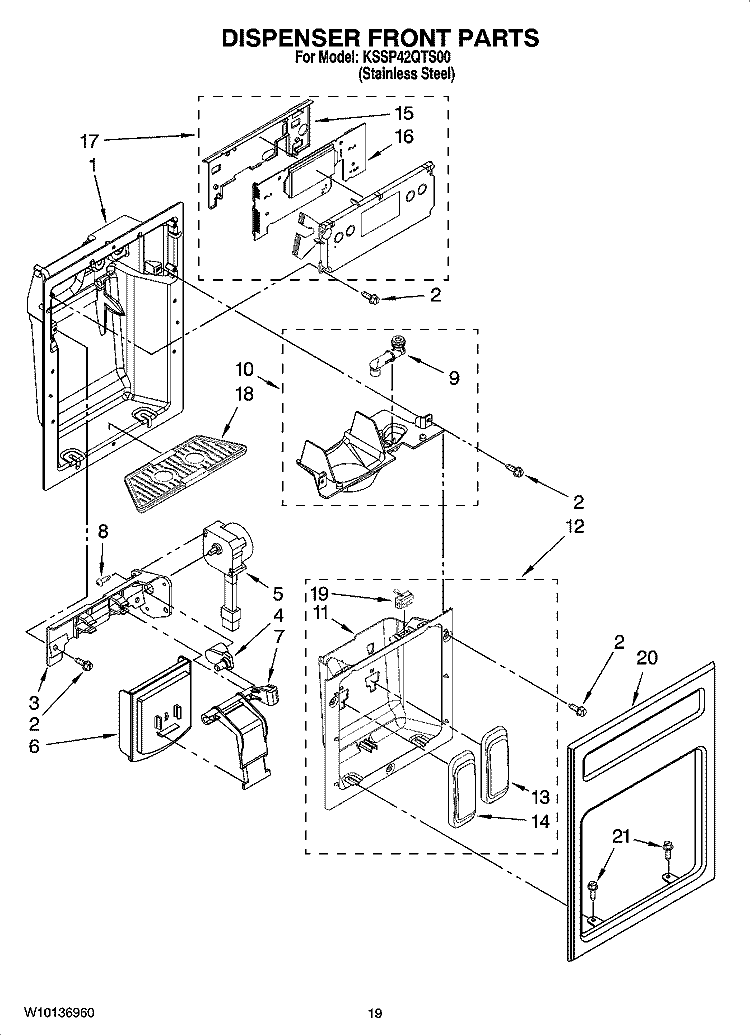 DISPENSER FRONT PARTS Diagram and Parts List for KSSP42QTS00  KitchenAid Refrigerator
