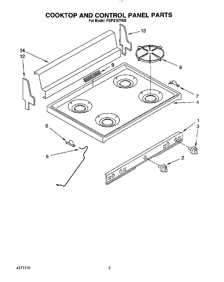 COOKTOP AND CONTROL PANEL, LIT/OPTI Diagram and Parts List for FGP310YW0  Roper Range