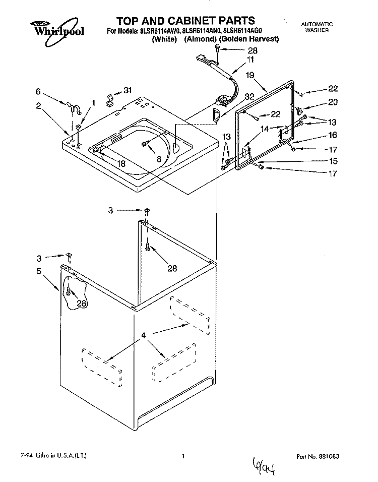 TOP AND CABINET, LIT/OPTIONAL Diagram and Parts List for 8LSR6114AN0  Whirlpool Washer