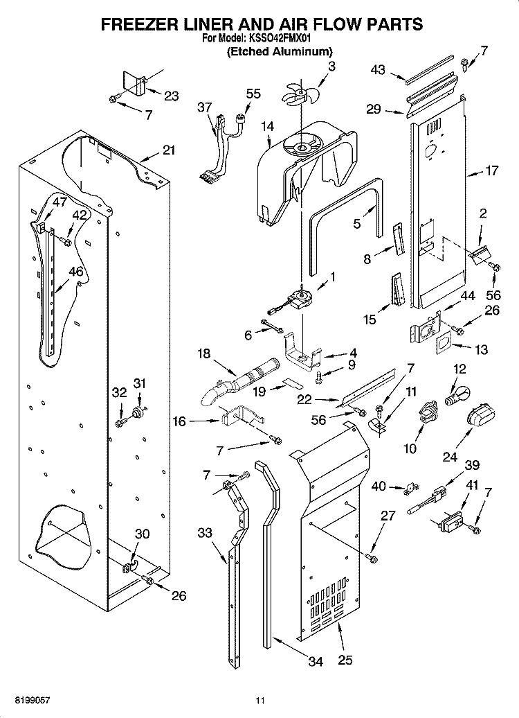 FREEZER LINER AND AIR FLOW PARTS Diagram and Parts List for KSSO42FMX01  KitchenAid Refrigerator