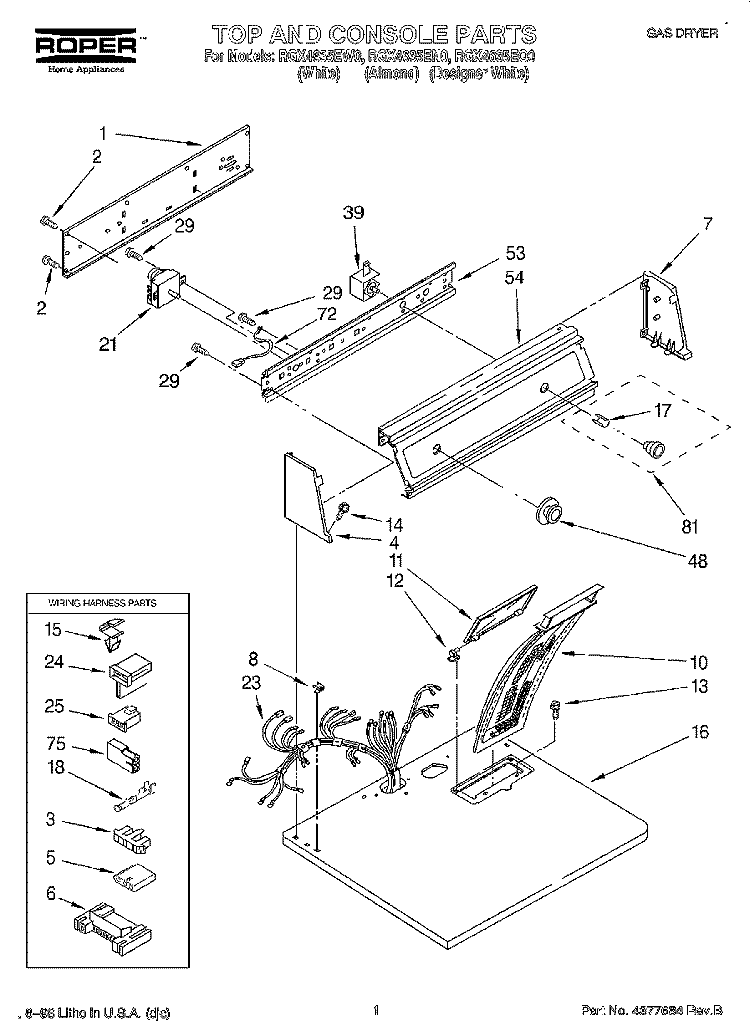 TOP AND CONSOLE, LIT/OPTIONAL Diagram and Parts List for RGX4635EN0  Roper Dryer