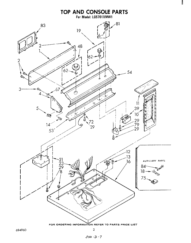 TOP AND CONSOLE, LITERATURE AND OPTIONAL Diagram and Parts List for LG5701XMW1  Whirlpool Dryer