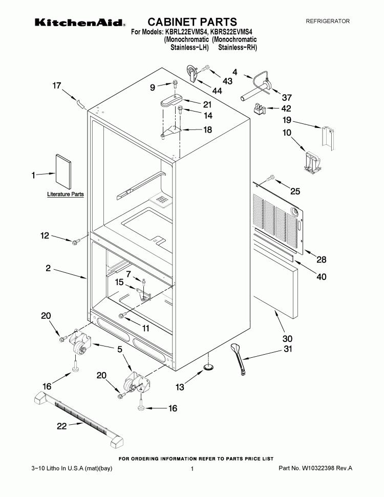 CABINET PARTS Diagram and Parts List for KBRL22EVMS4  KitchenAid Refrigerator