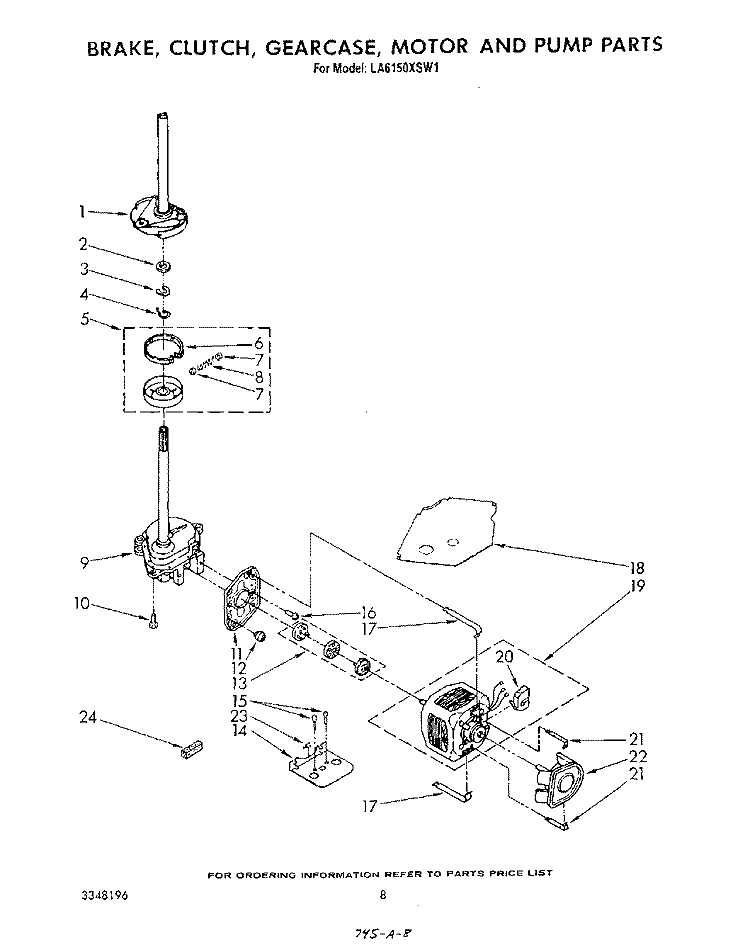 BRAKE, CLUTCH, GEARCASE, MOTOR AND PUMP Diagram and Parts List for LA6150XSW1  Whirlpool Washer