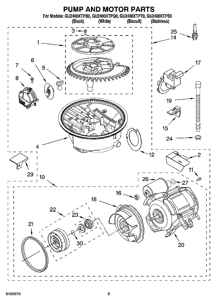 PUMP AND MOTOR PARTS Diagram and Parts List for GU2400XTPB0  Whirlpool Dishwasher