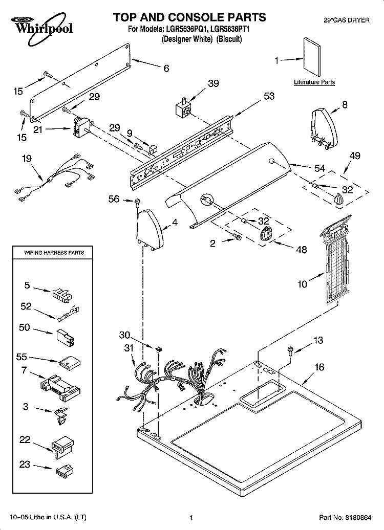 TOP AND CONSOLE PARTS Diagram and Parts List for LGR5636PT1  Whirlpool Dryer