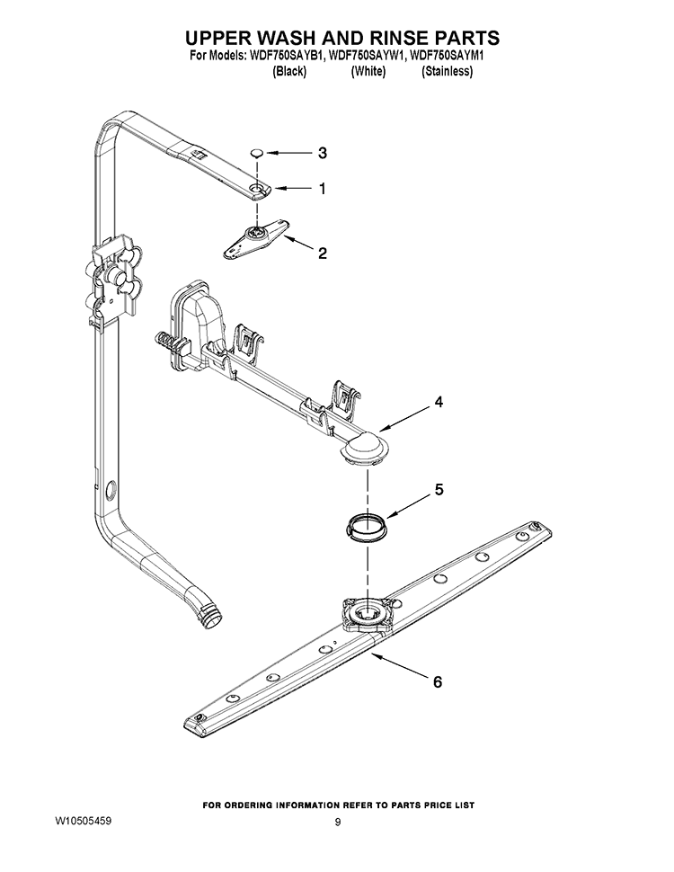 UPPER WASH AND RINSE PARTS Diagram and Parts List for WDF750SAYW1  Whirlpool Dishwasher
