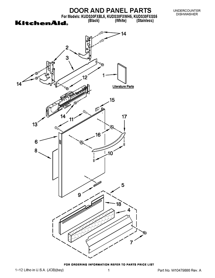 DOOR AND PANEL PARTS Diagram and Parts List for KUDS30FXSS5  KitchenAid Dishwasher