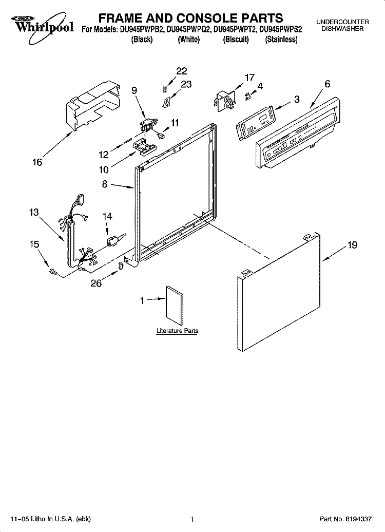 FRAME AND CONSOLE PARTS Diagram and Parts List for DU945PWPQ2  Whirlpool Dishwasher