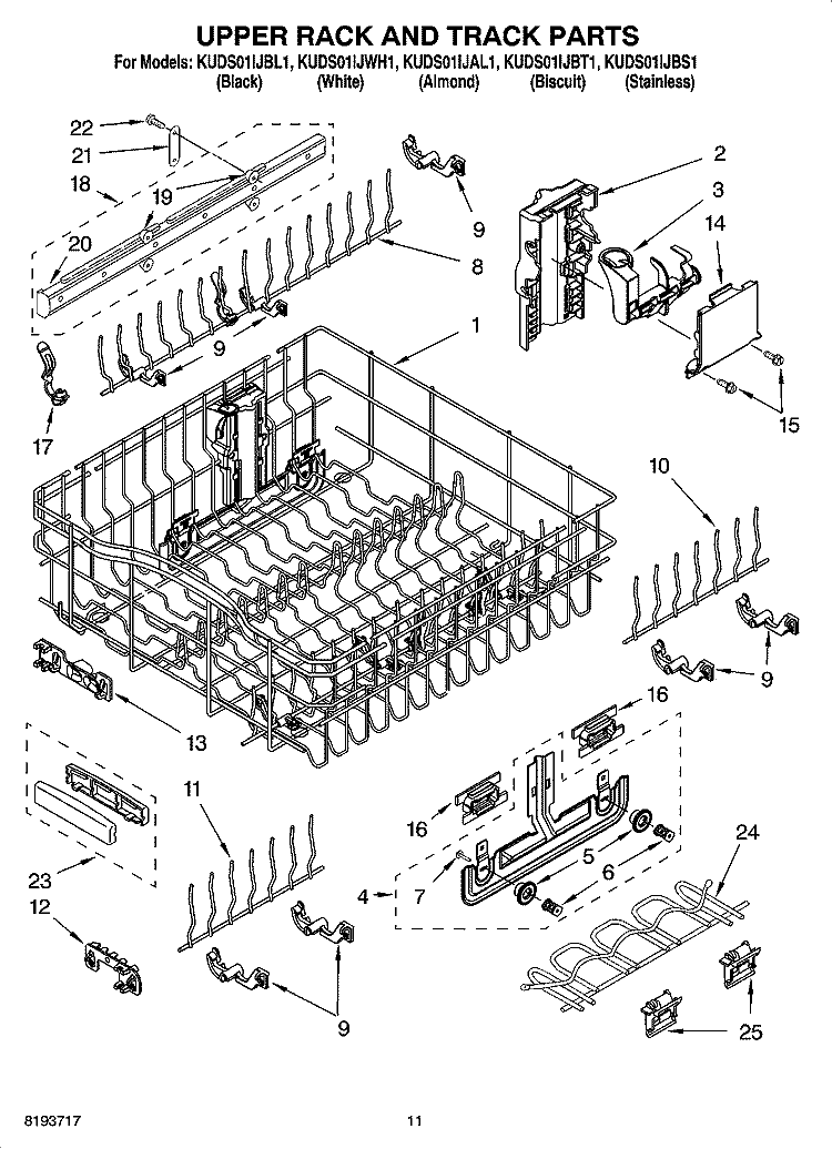 UPPER RACK AND TRACK PARTS Diagram and Parts List for KUDS01IJBS1  KitchenAid Dishwasher