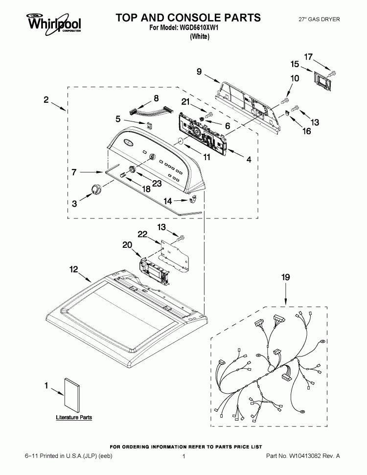 TOP AND CONSOLE PARTS Diagram and Parts List for WGD5610XW1  Whirlpool Dryer
