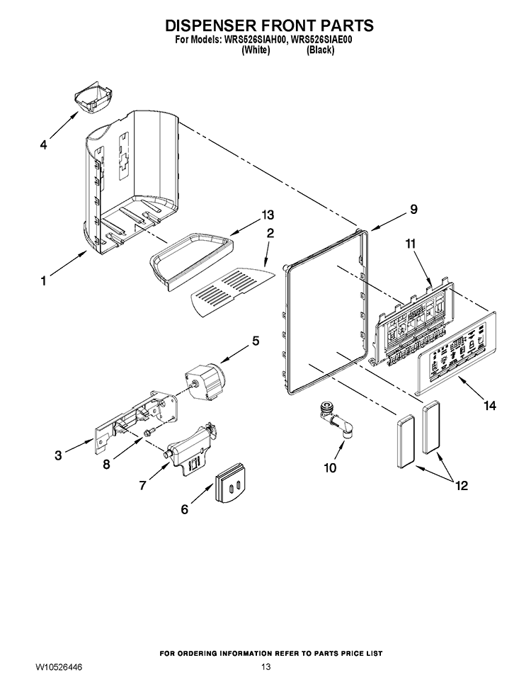 DISPENSER FRONT PARTS Diagram and Parts List for WRS526SIAH00  Whirlpool Refrigerator