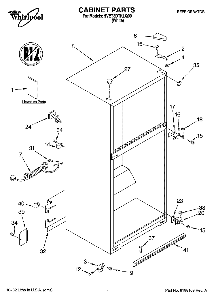 CABINET PARTS Diagram and Parts List for 5VET3DTKLQ00  Whirlpool Refrigerator