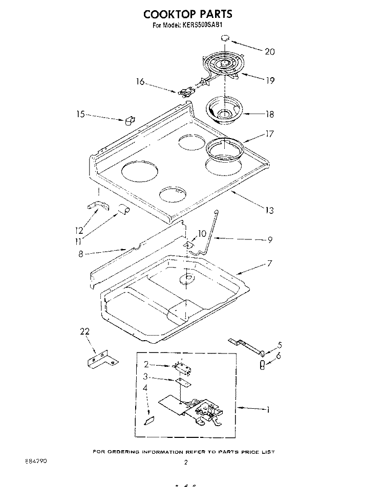 COOK TOP Diagram and Parts List for KERS500SWB1  KitchenAid Range