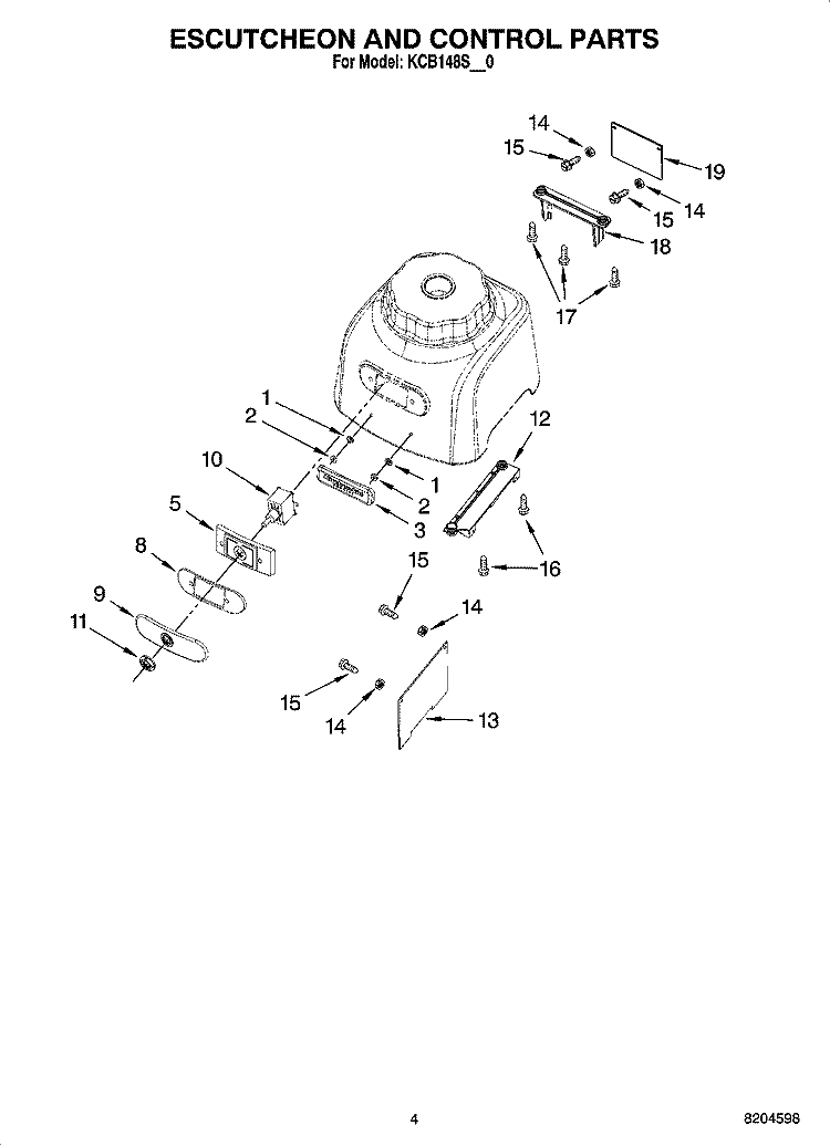 ESCUTCHEON AND CONTROL PARTS Diagram and Parts List for KCB148SGR0  KitchenAid Blender