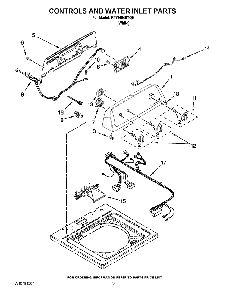 CONTROLS AND WATER INLET PARTS Diagram and Parts List for RTW4640YQ0  Roper Washer