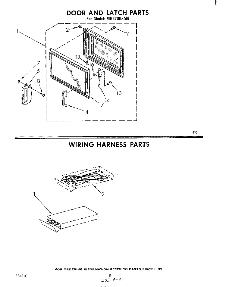 DOOR AND LATCH , WIRING HARNESS Diagram and Parts List for MH6700XM0  Whirlpool Microwave