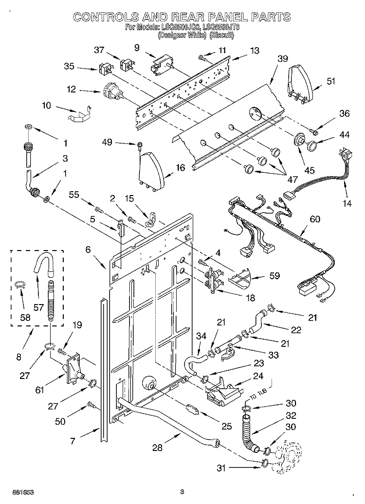 CONTROLS AND REAR PANEL Diagram and Parts List for LSQ8500JT0  Whirlpool Washer