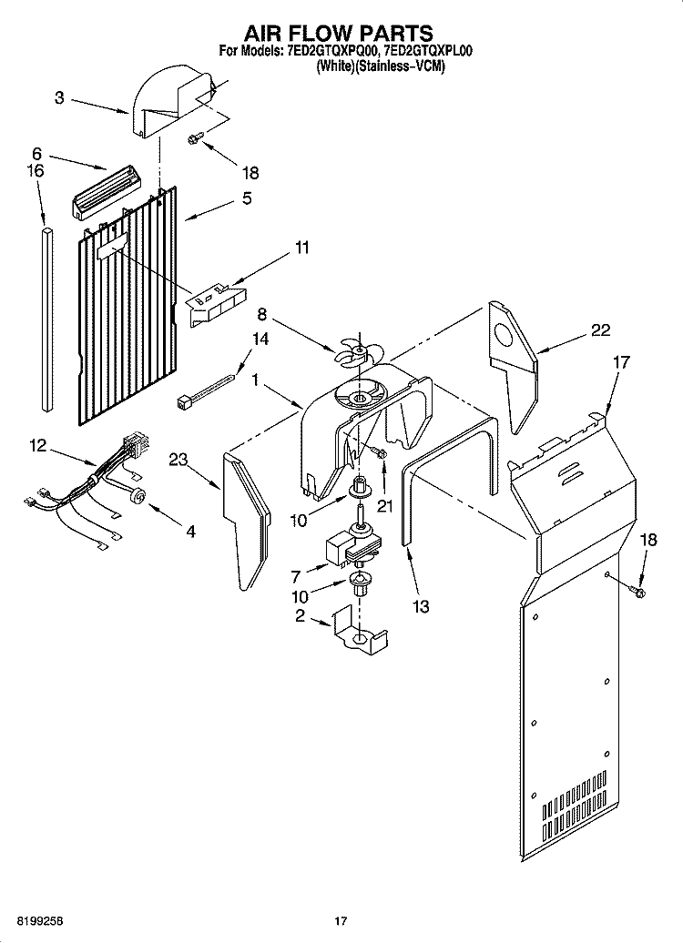 AIR FLOW PARTS Diagram and Parts List for 7ED2GTQXPL00  Whirlpool Refrigerator
