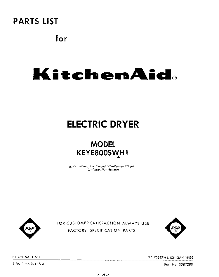 SECTION Diagram and Parts List for KEYE800SWH1  KitchenAid Dryer