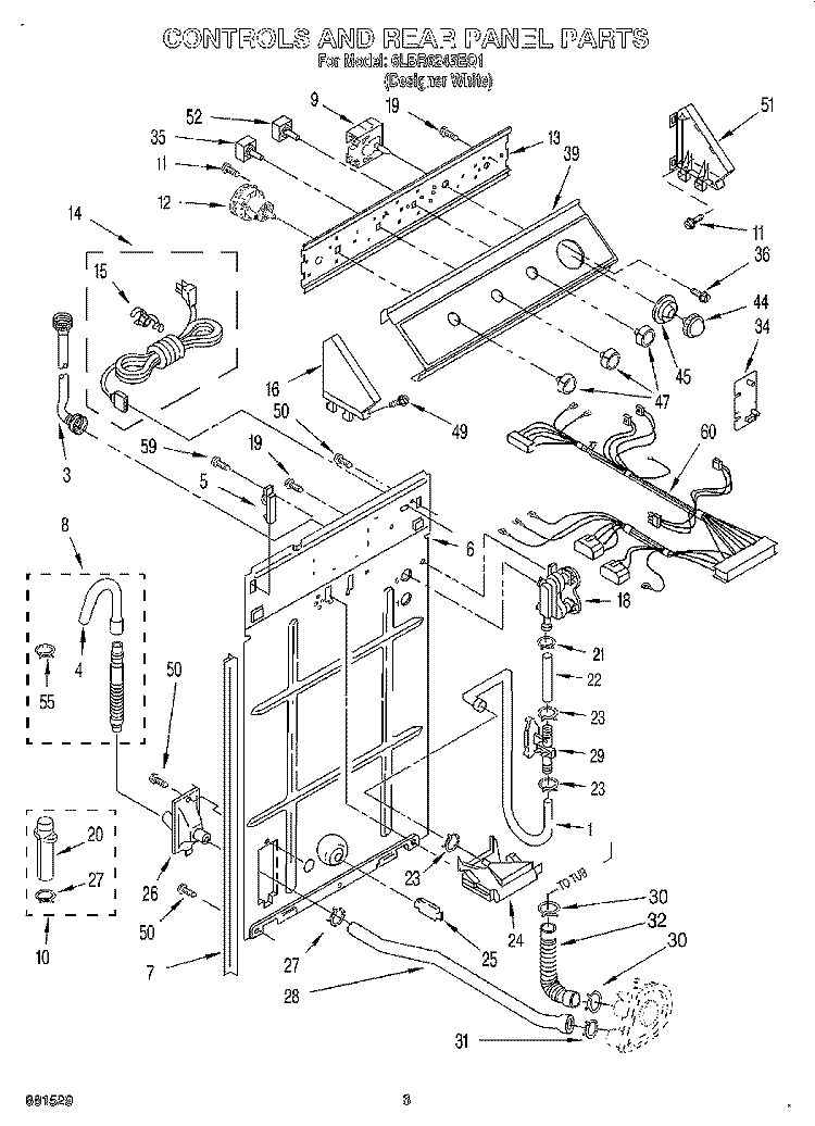 CONTROLS AND REAR PANEL Diagram and Parts List for 6LBR6245EQ1  Whirlpool Washer