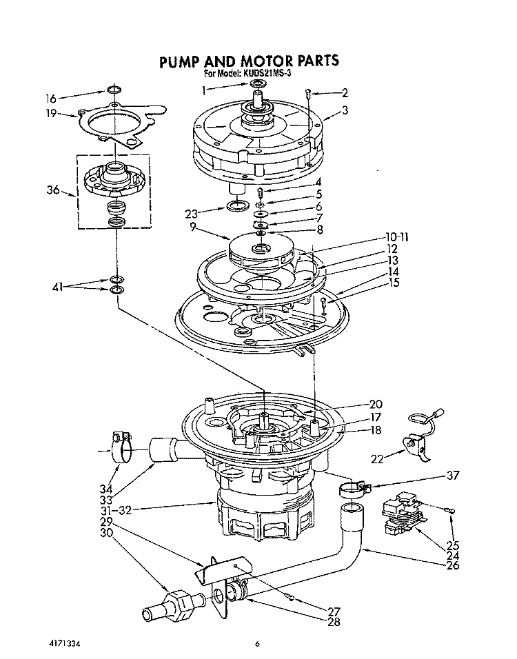PUMP AND MOTOR Diagram and Parts List for KUDS21MS3  KitchenAid Dishwasher