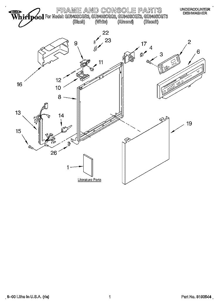 FRAME AND CONSOLE, LITERATURE Diagram and Parts List for GU940SCGB3  Whirlpool Dishwasher