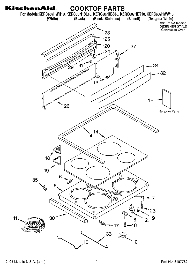 COOKTOP PARTS Diagram and Parts List for KERC607HBL10  KitchenAid Range