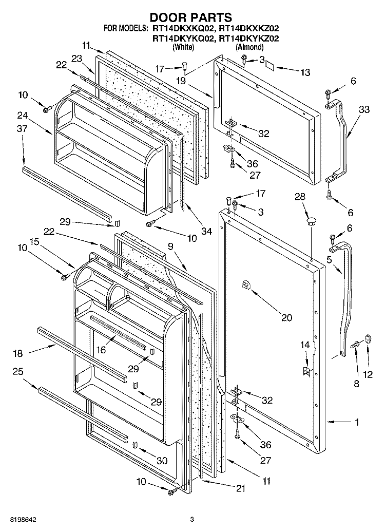 DOOR PARTS Diagram and Parts List for RT14DKXKZ02  Roper Refrigerator