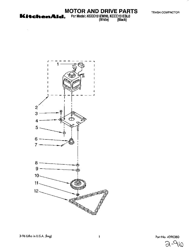 MOTOR AND DRIVE, LITERATURE Diagram and Parts List for KCCC151EWH0  KitchenAid Trash Compactor