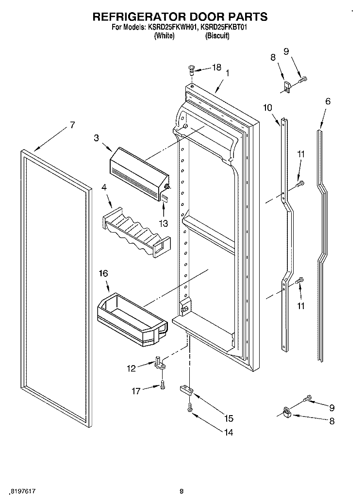 REFRIGERATOR DOOR Diagram and Parts List for KSRD25FKWH01  KitchenAid Refrigerator