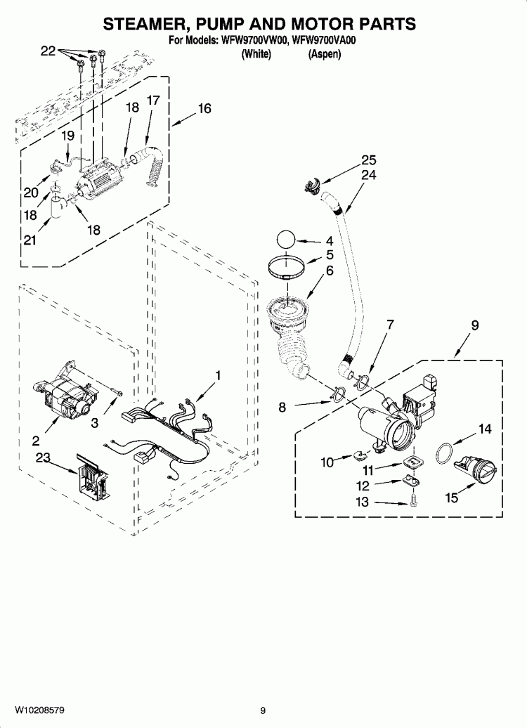 STEAMER, PUMP AND MOTOR PARTS, OPTIONAL PARTS (NOT INCLUDED) Diagram and Parts List for WFW9700VW00  Whirlpool Washer