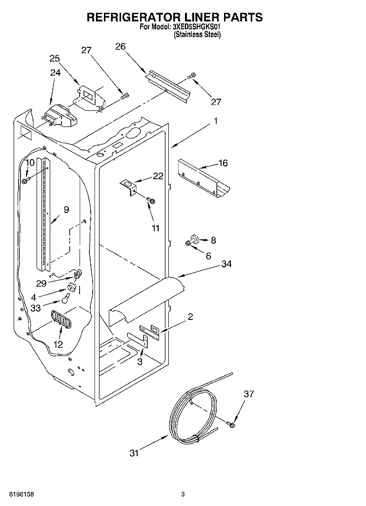 REFRIGERATOR LINER Diagram and Parts List for 3XED5SHGKS01  Whirlpool Refrigerator