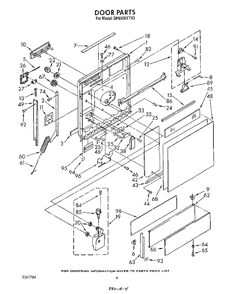 DOOR Diagram and Parts List for DP8500XTN3  Whirlpool Dishwasher