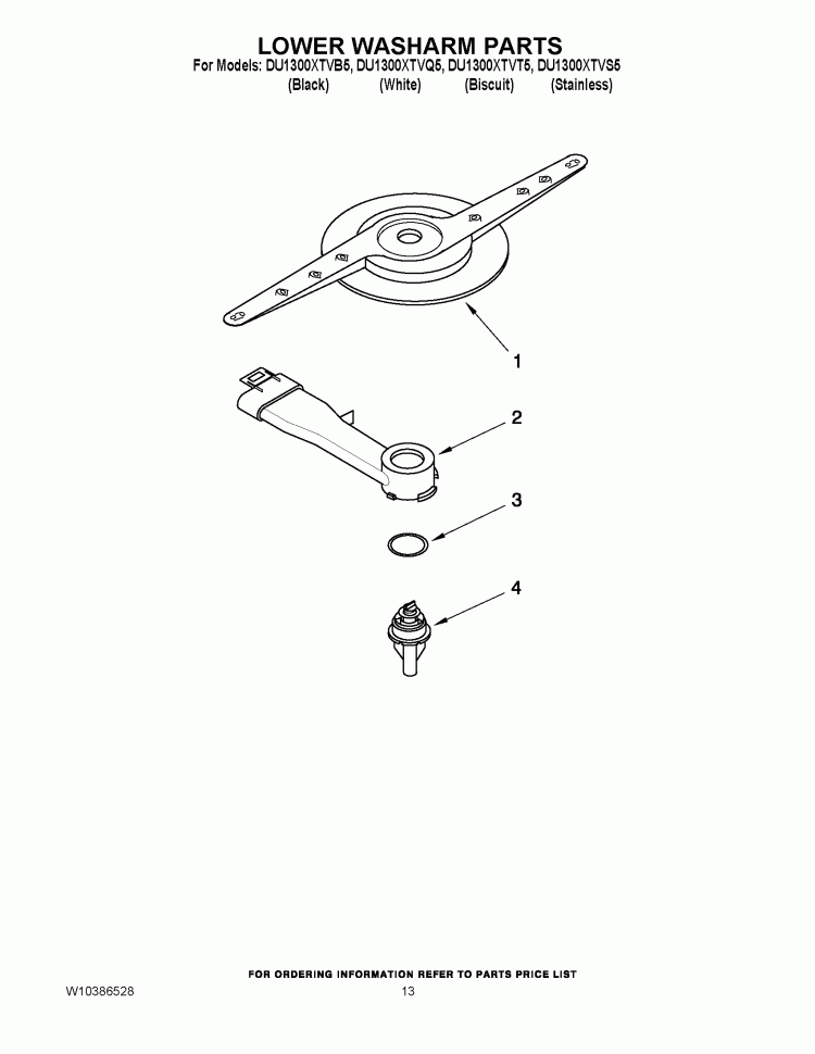 LOWER WASHARM PARTS Diagram and Parts List for DU1300XTVS5  Whirlpool Dishwasher